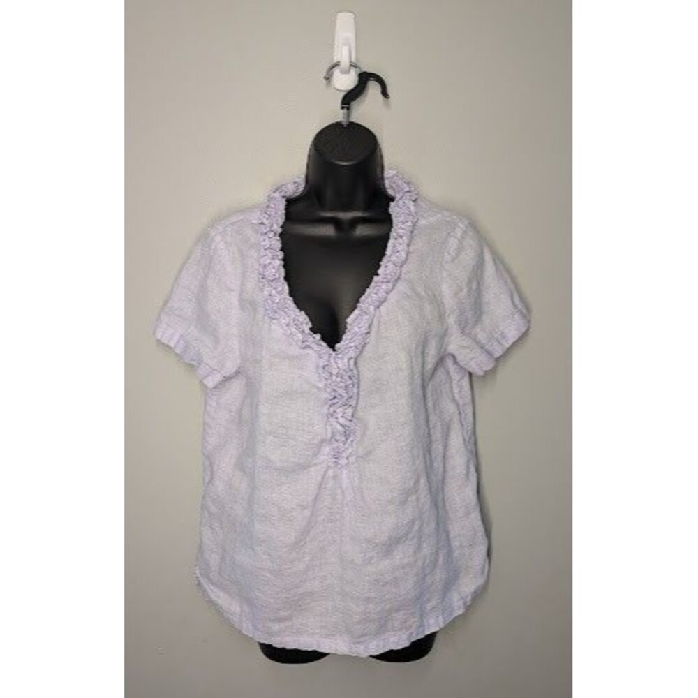 Talbots Lavender Purple 100% Linen Ruffle V-Neck Short Sleeve Blouse Top SZ 12